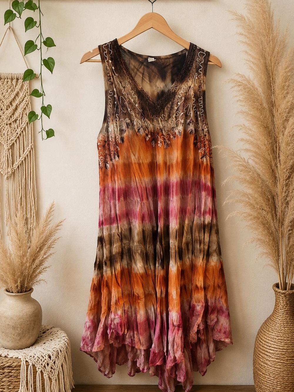 Bohemian Asymmetrical Tie-Dye Midi Dress in Orange, Brown & Pink